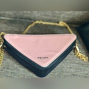 Prada Beauty Pink and Black Triangle Clutch/crossbody  With Stunning Gold chain